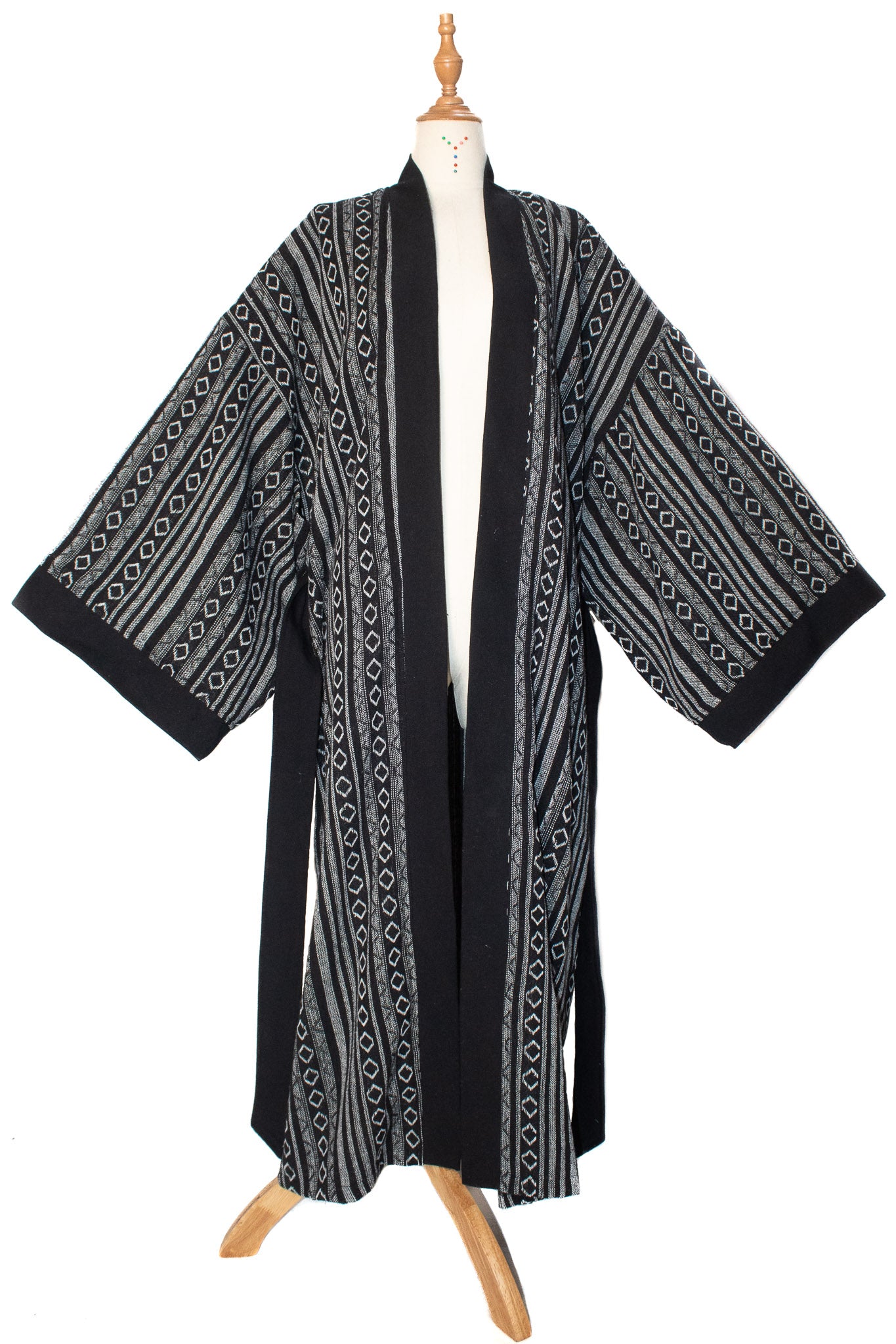 J507 - ✦ Ash Tide – Black and Grey Woven Kimono with Diamond Stripes