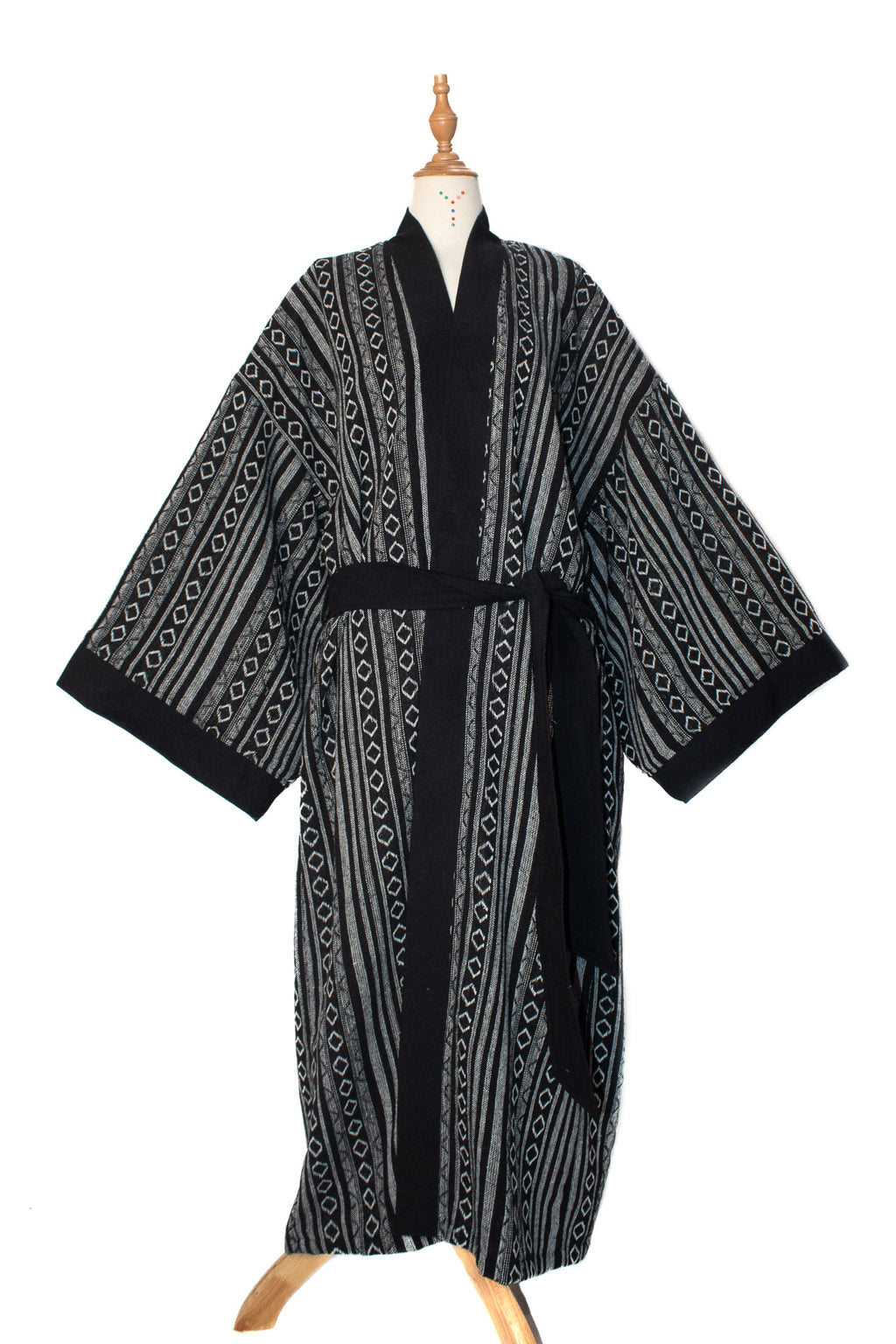 J507 - ✦ Ash Tide – Black and Grey Woven Kimono with Diamond Stripes