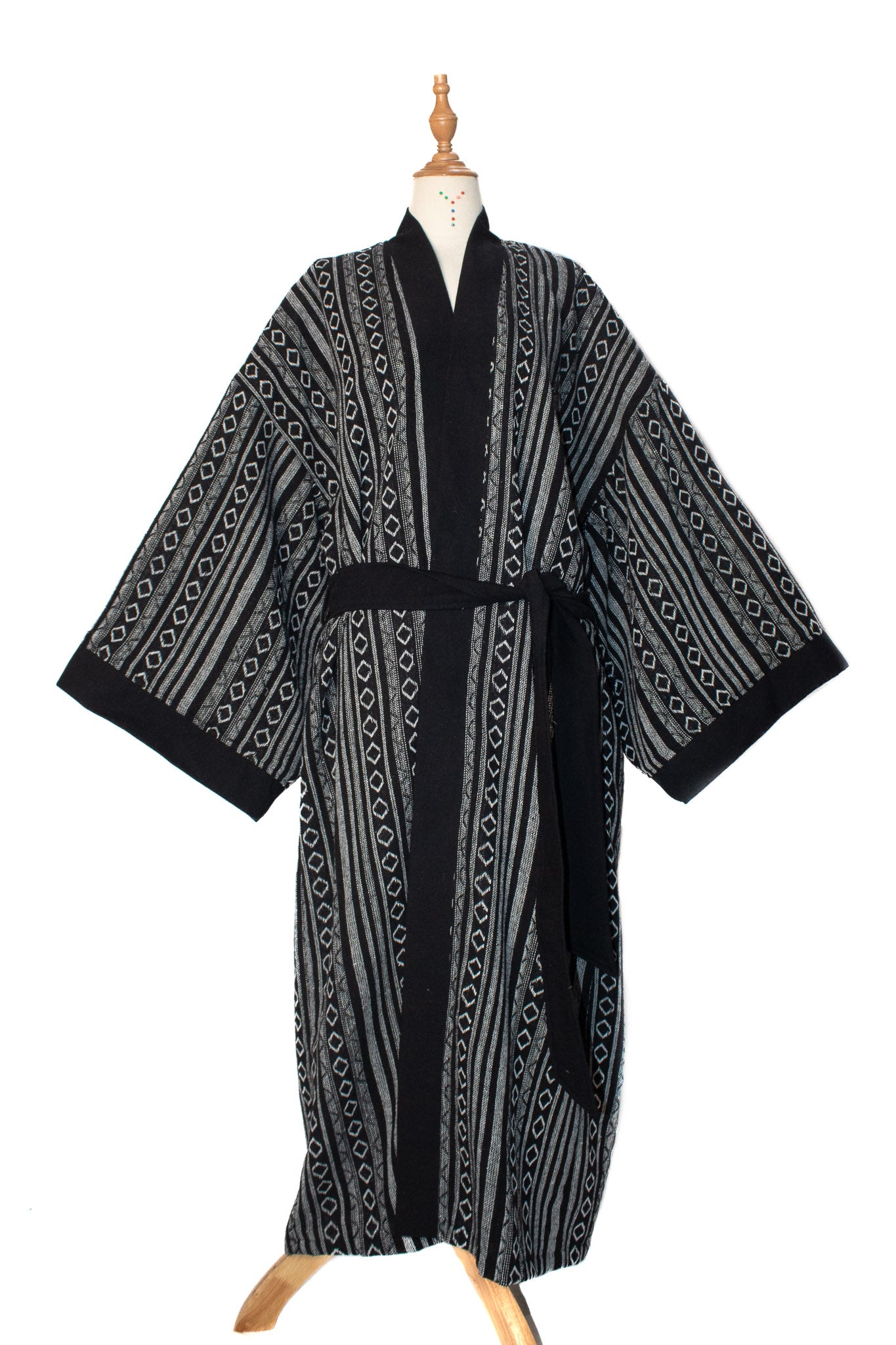 J507 - ✦ Ash Tide – Black and Grey Woven Kimono with Diamond Stripes