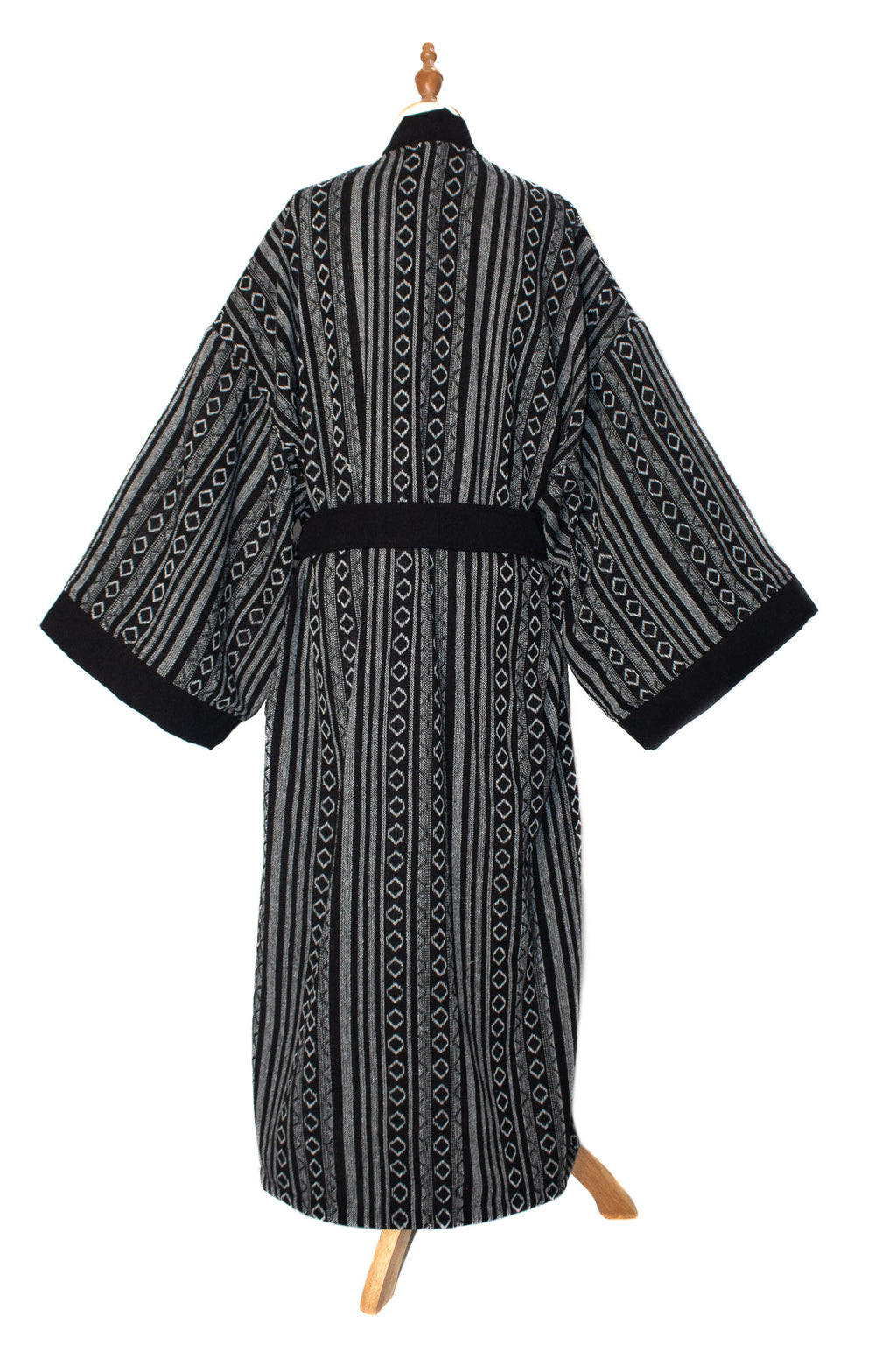 J507 - ✦ Ash Tide – Black and Grey Woven Kimono with Diamond Stripes