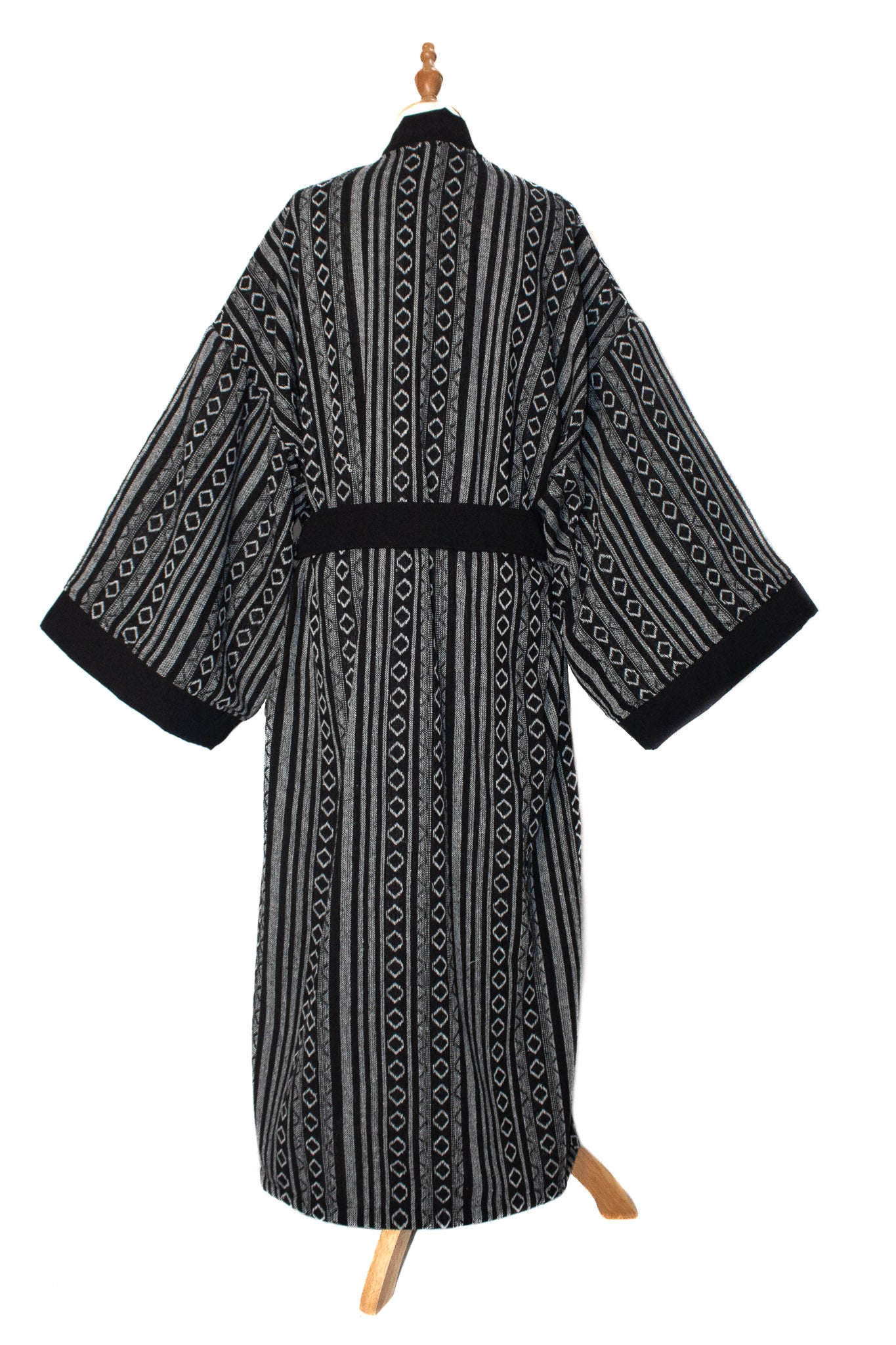 J507 - ✦ Ash Tide – Black and Grey Woven Kimono with Diamond Stripes