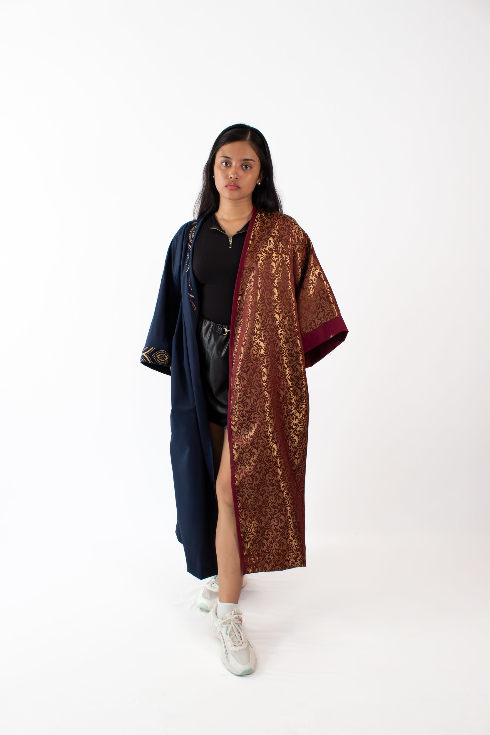 ✦ Twilight Halves - Shiny Maroon and Navy Blue Two-Toned Kimono with Extravagant Details
