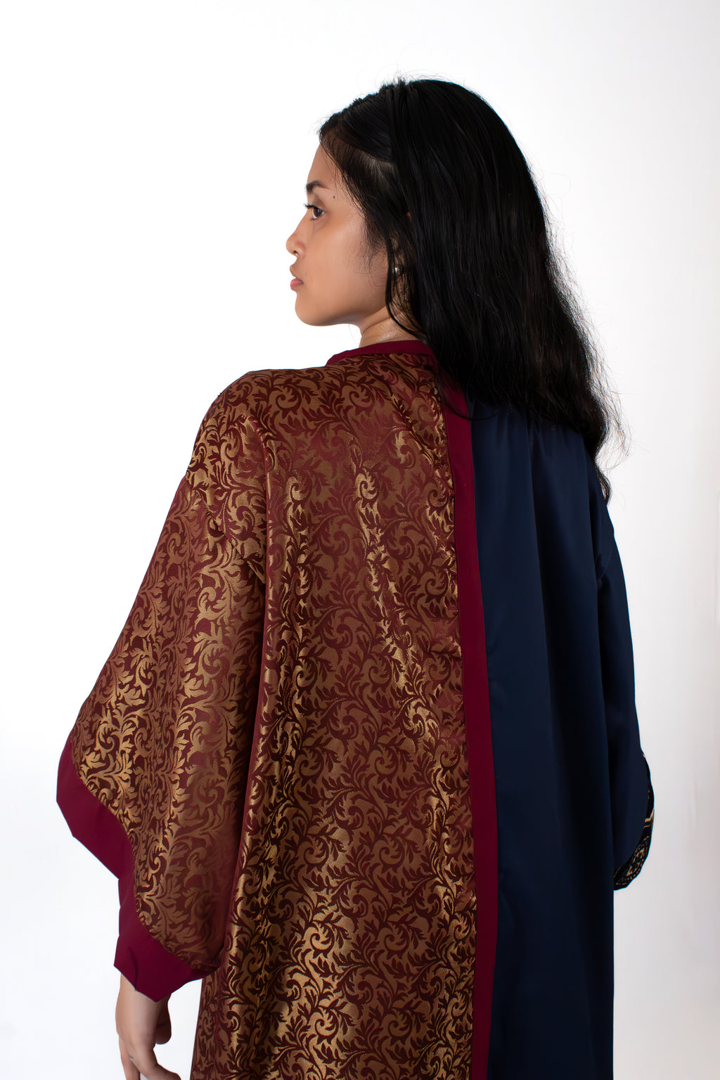 ✦ Twilight Halves - Shiny Maroon and Navy Blue Two-Toned Kimono with Extravagant Details