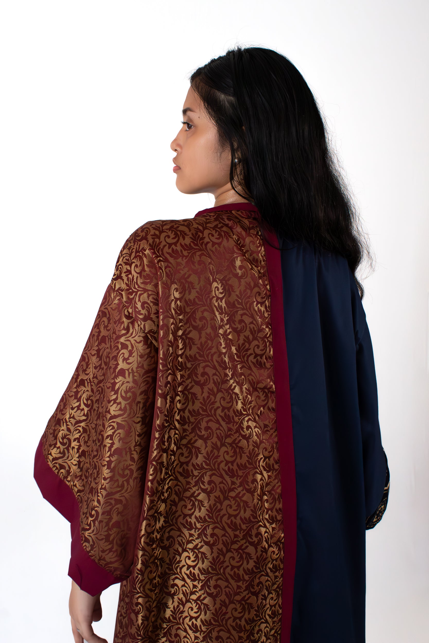 ✦ Twilight Halves - Shiny Maroon and Navy Blue Two-Toned Kimono with Extravagant Details