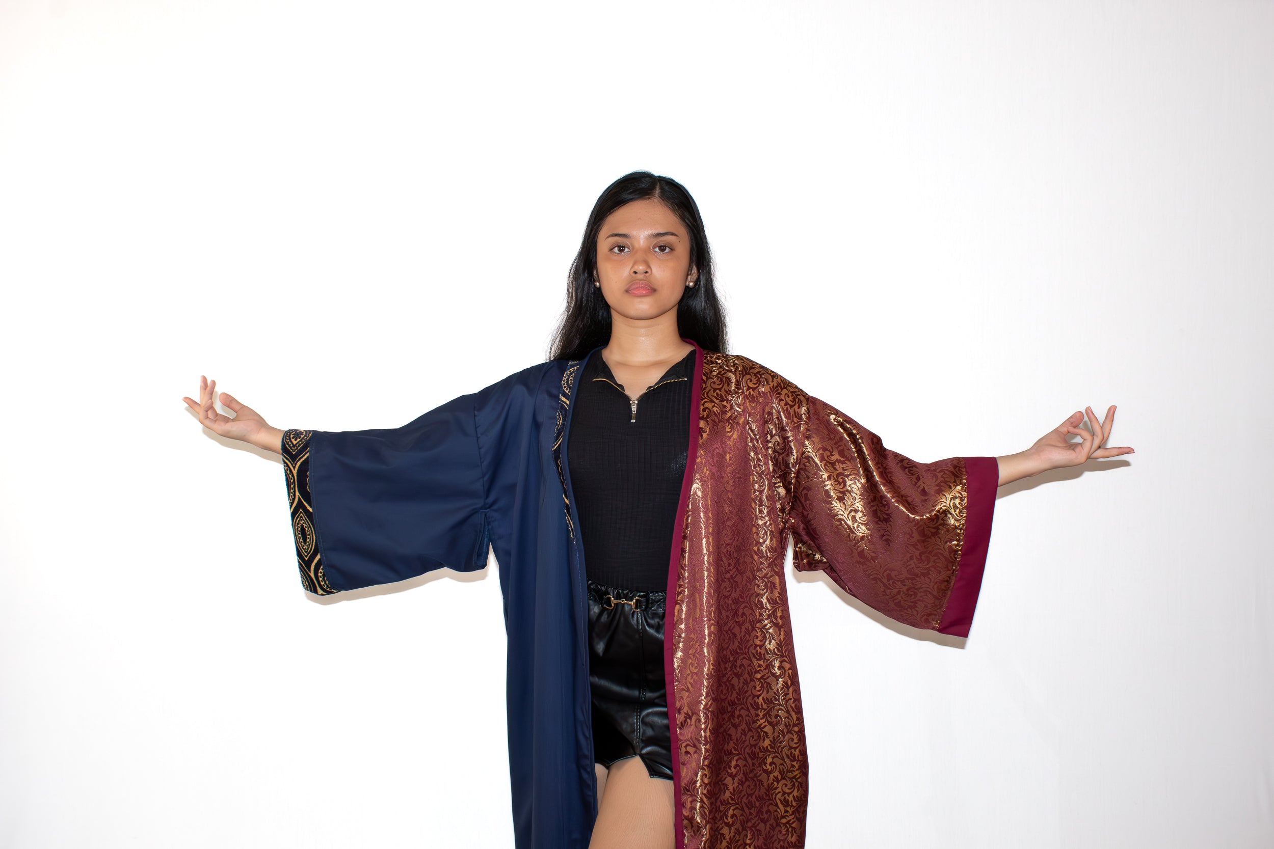 ✦ Twilight Halves - Shiny Maroon and Navy Blue Two-Toned Kimono with Extravagant Details
