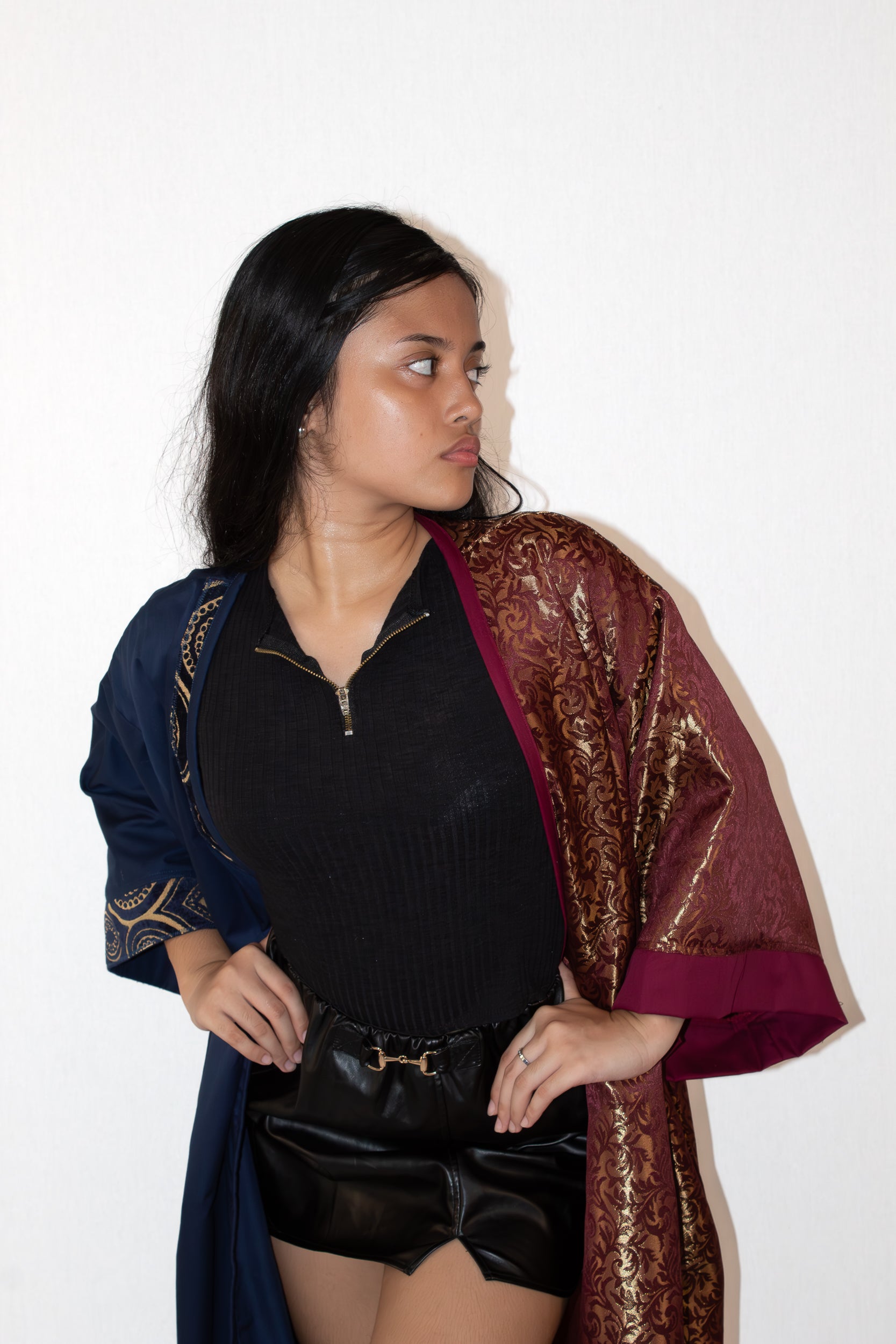 ✦ Twilight Halves - Shiny Maroon and Navy Blue Two-Toned Kimono with Extravagant Details