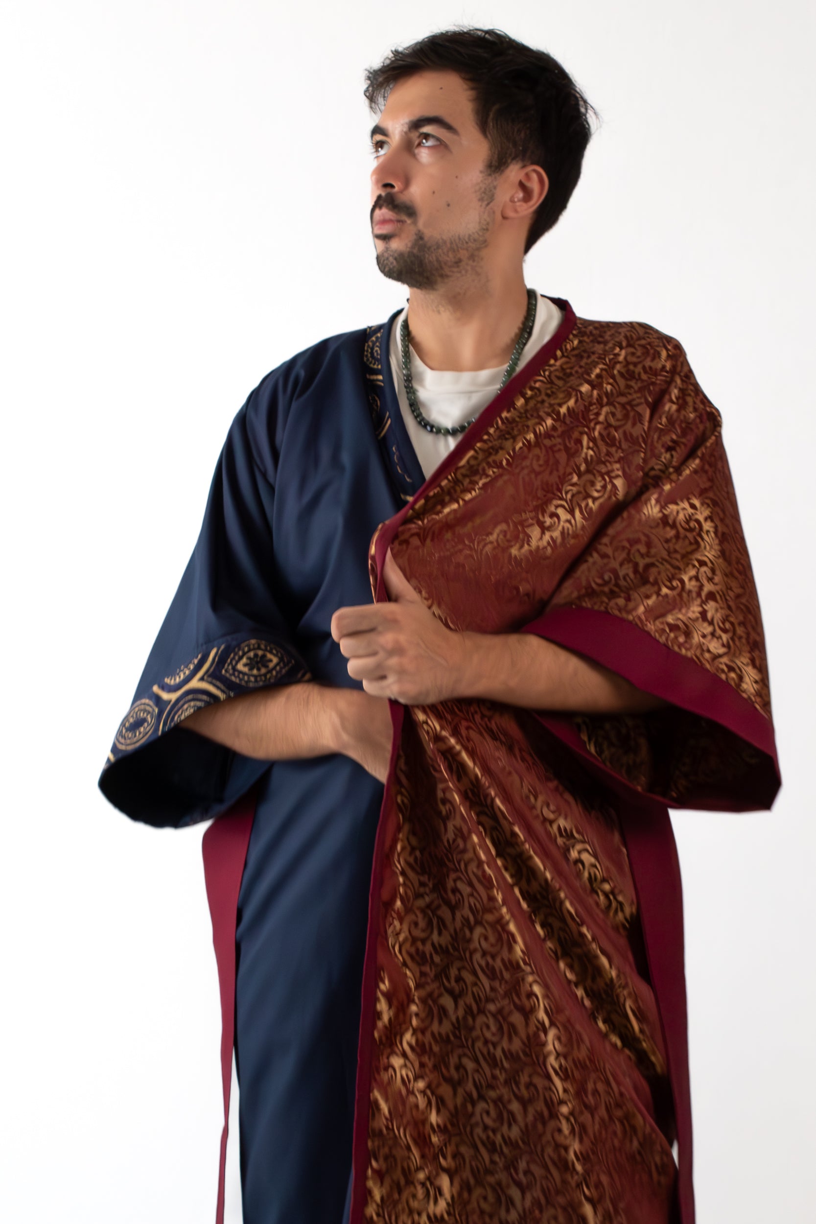 ✦ Twilight Halves - Shiny Maroon and Navy Blue Two-Toned Kimono with Extravagant Details