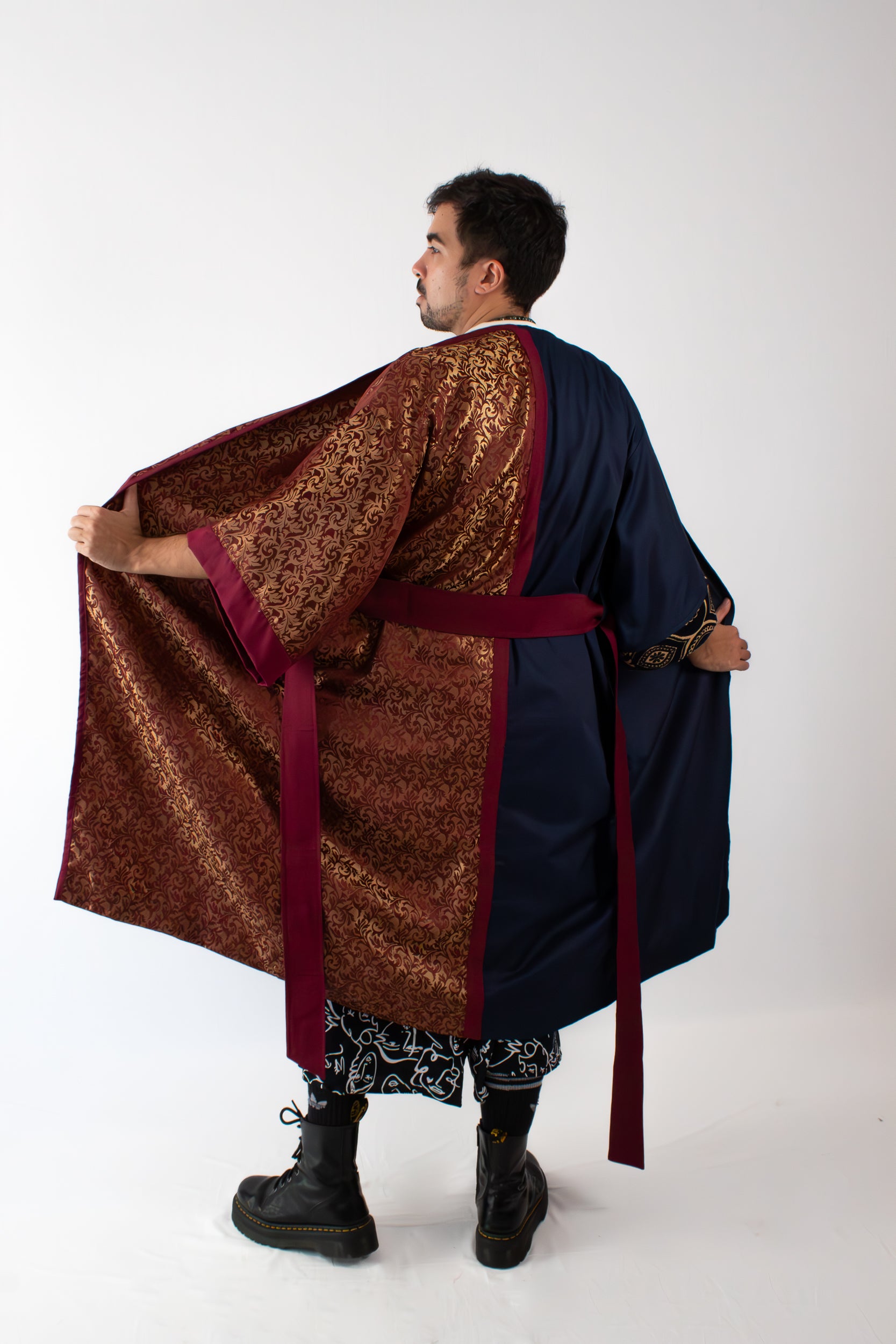✦ Twilight Halves - Shiny Maroon and Navy Blue Two-Toned Kimono with Extravagant Details