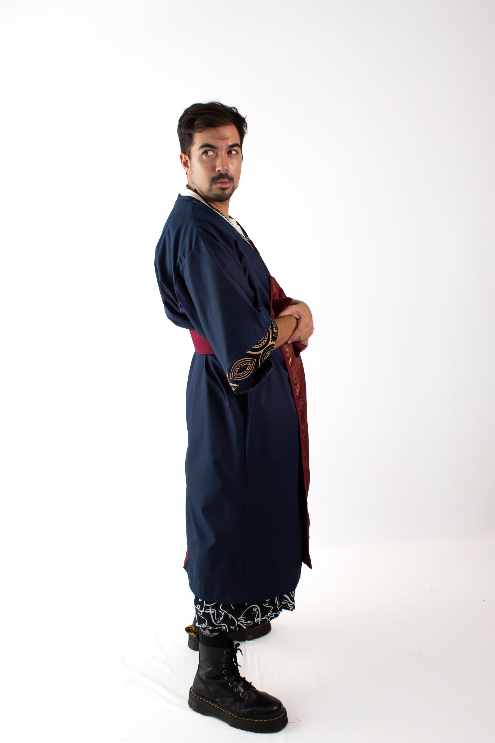 ✦ Twilight Halves - Shiny Maroon and Navy Blue Two-Toned Kimono with Extravagant Details