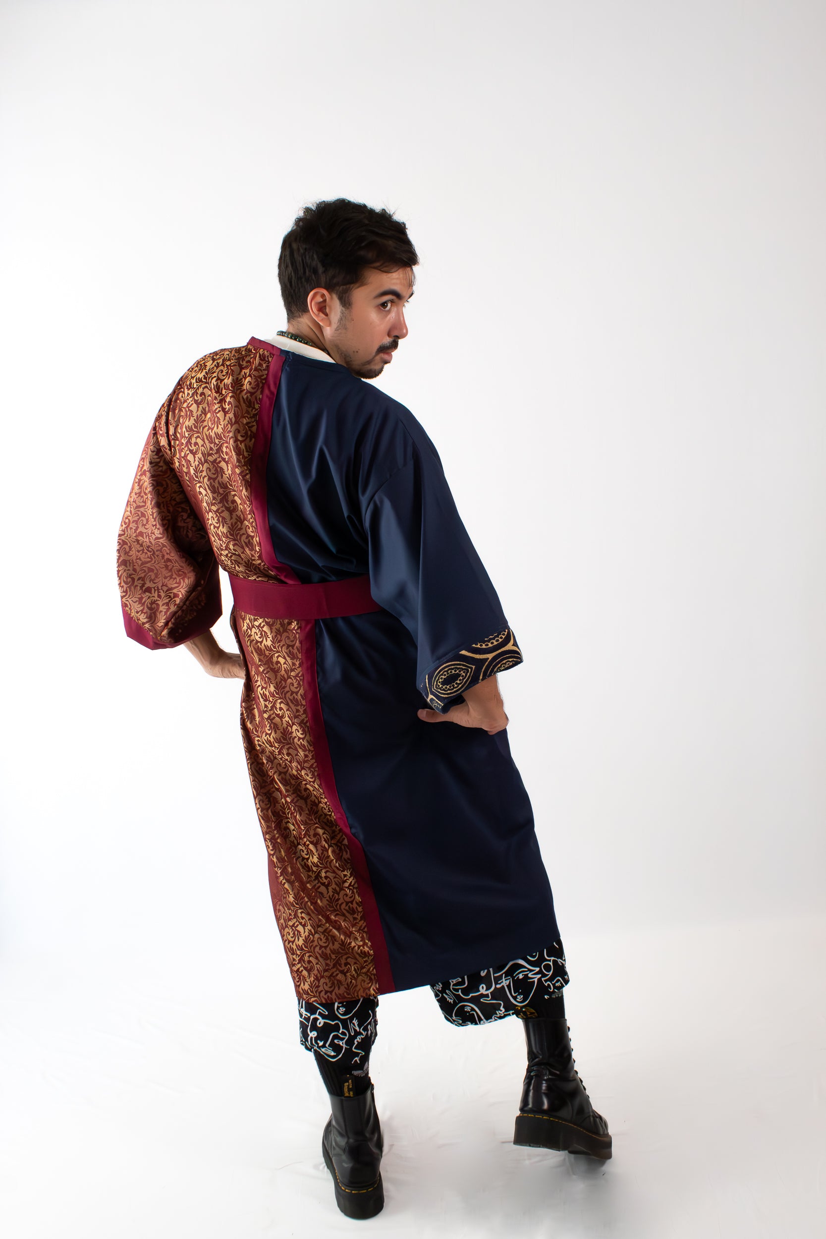 ✦ Twilight Halves - Shiny Maroon and Navy Blue Two-Toned Kimono with Extravagant Details