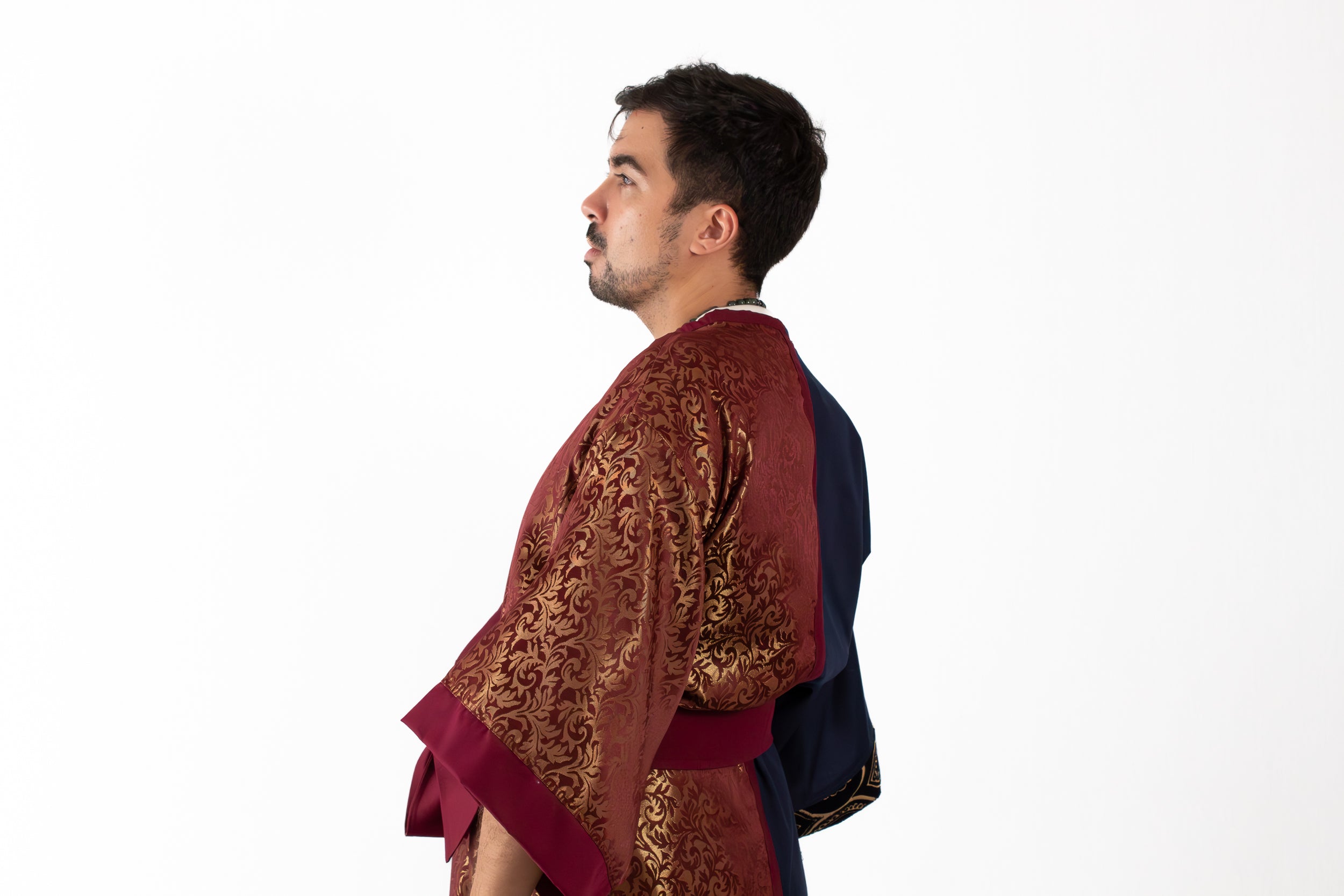 ✦ Twilight Halves - Shiny Maroon and Navy Blue Two-Toned Kimono with Extravagant Details