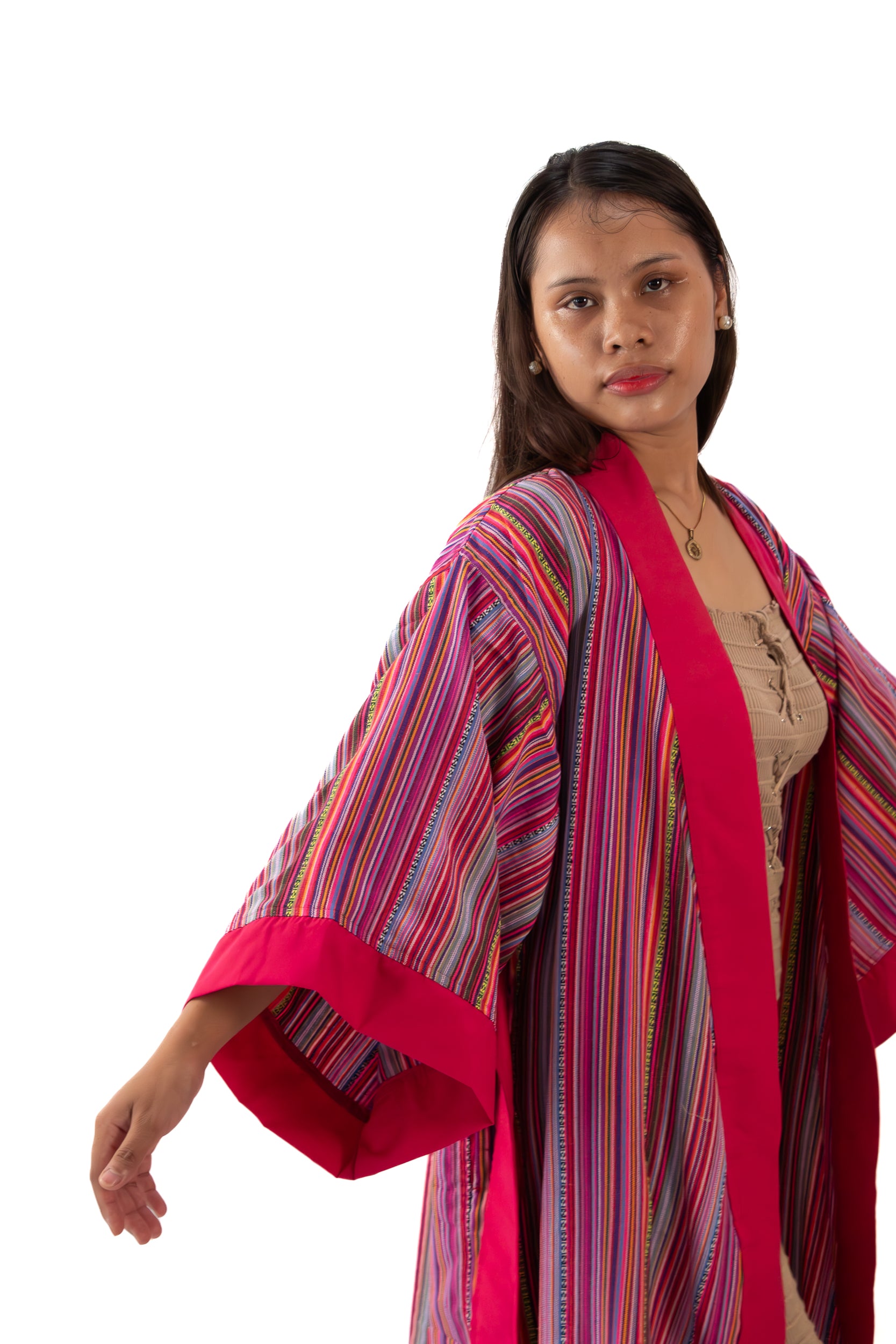 ✦ Trails of Emotions - Lebendiger und kräftiger farbenfroher Kimono im ethnischen Stil mit rosa Streifen
