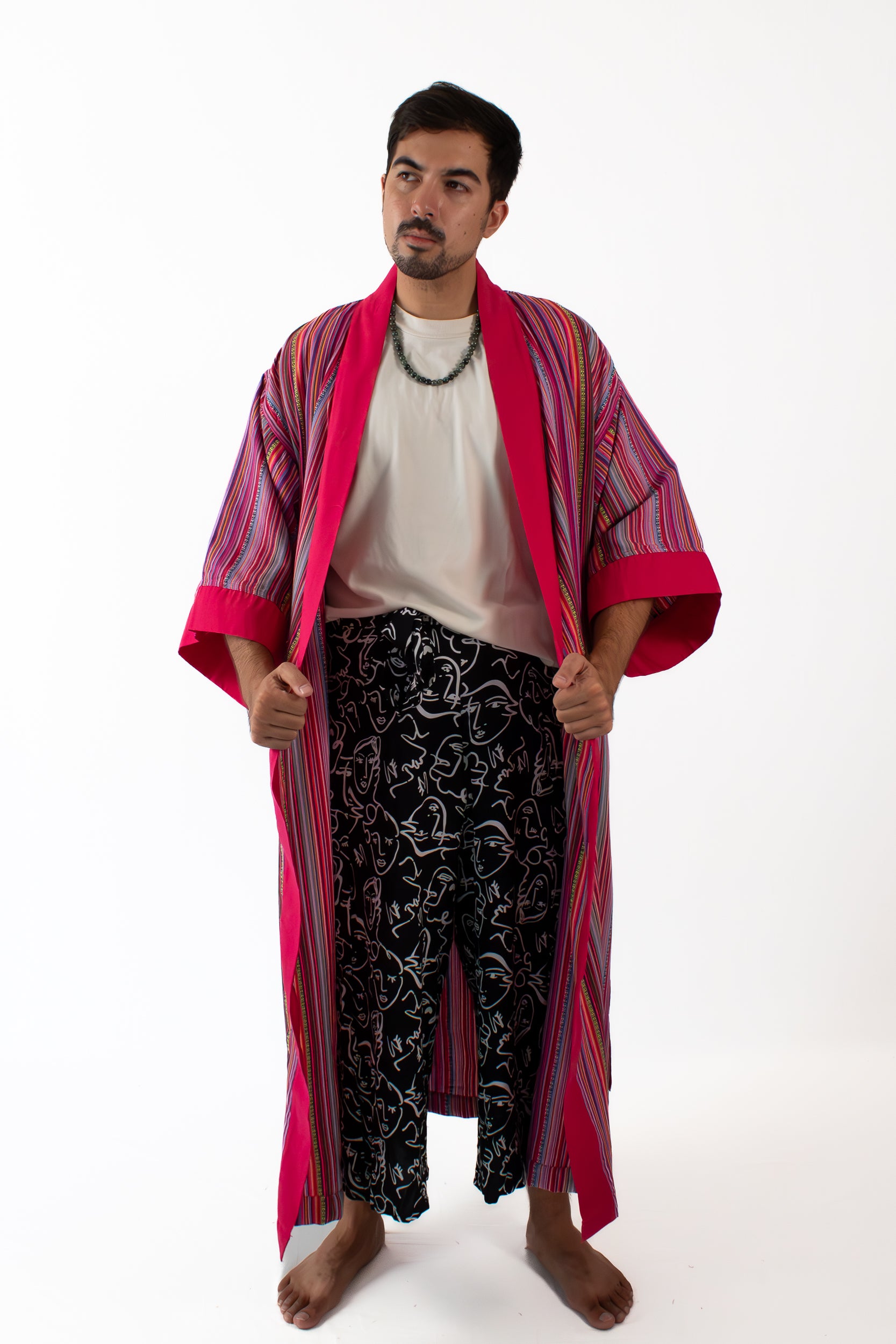 ✦ Trails of Emotions - Lebendiger und kräftiger farbenfroher Kimono im ethnischen Stil mit rosa Streifen