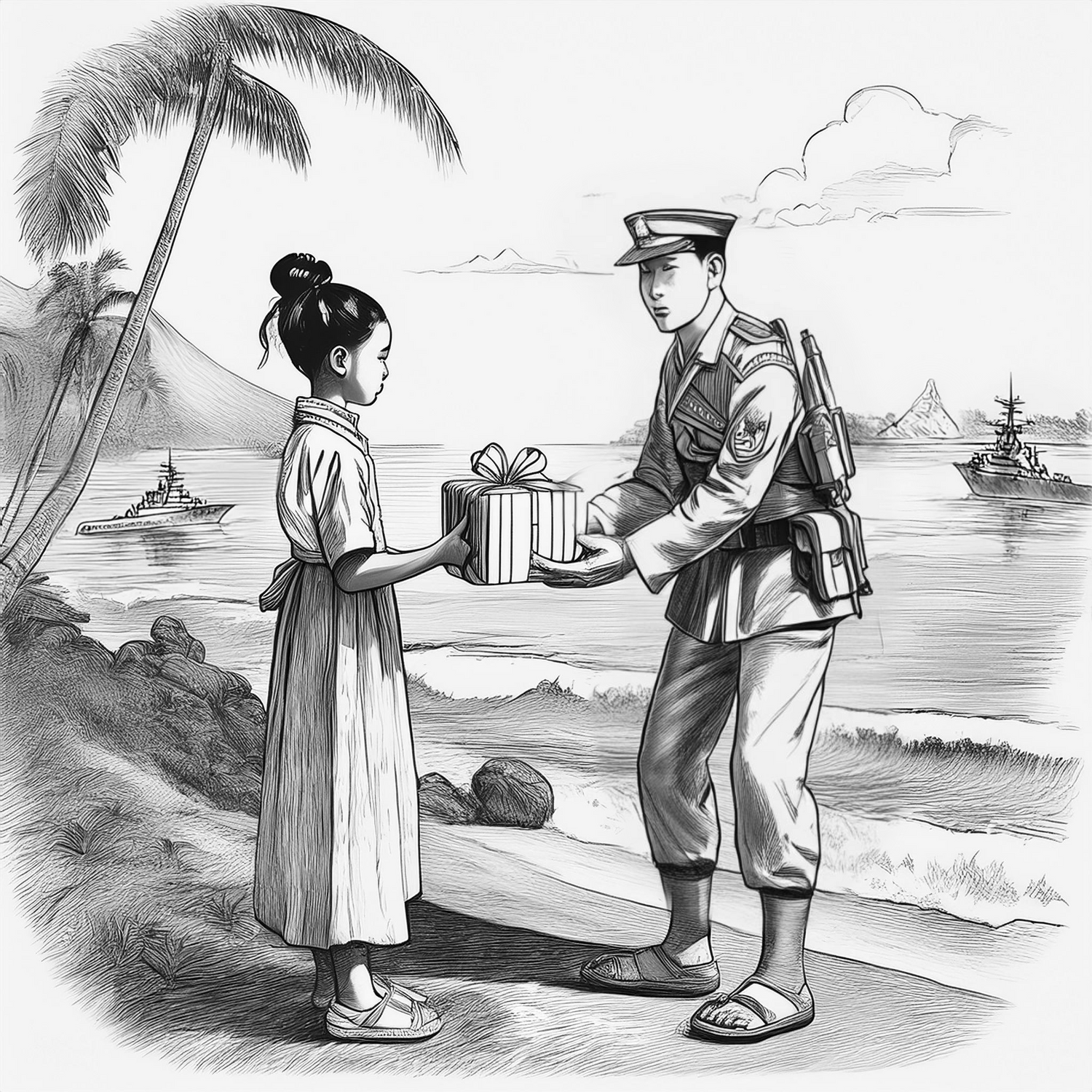 A soldier offering a gift to a frightened girl by the sea
