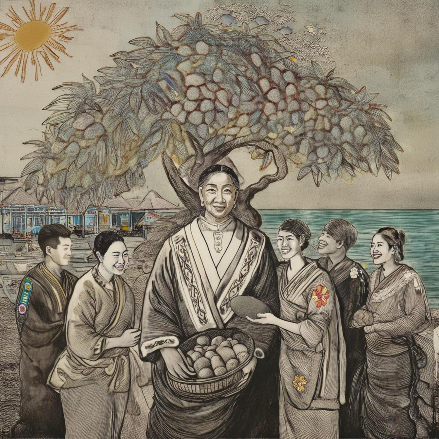 Community gathered under a fruiting tree by the sea