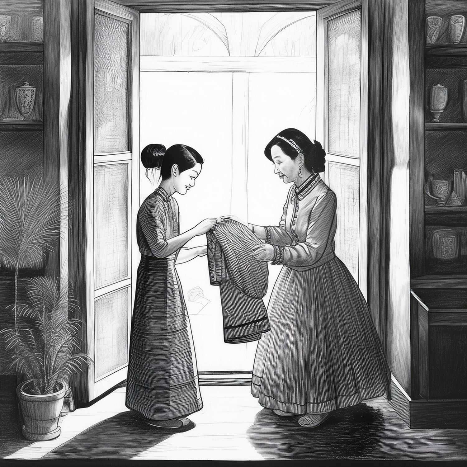 Mother handing a folded kimono to her adult daughter in their home