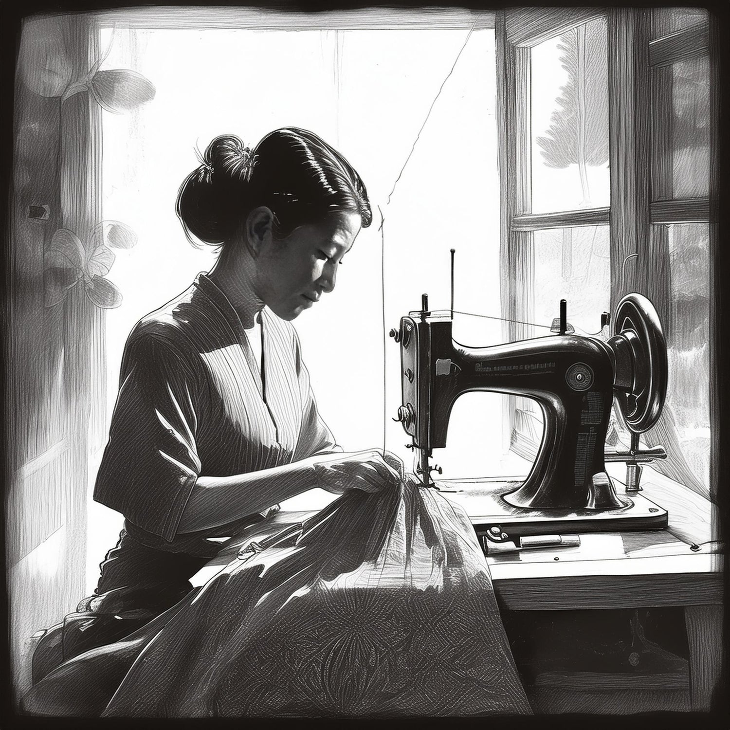 Rose sewing at a vintage machine with sunlight in the window