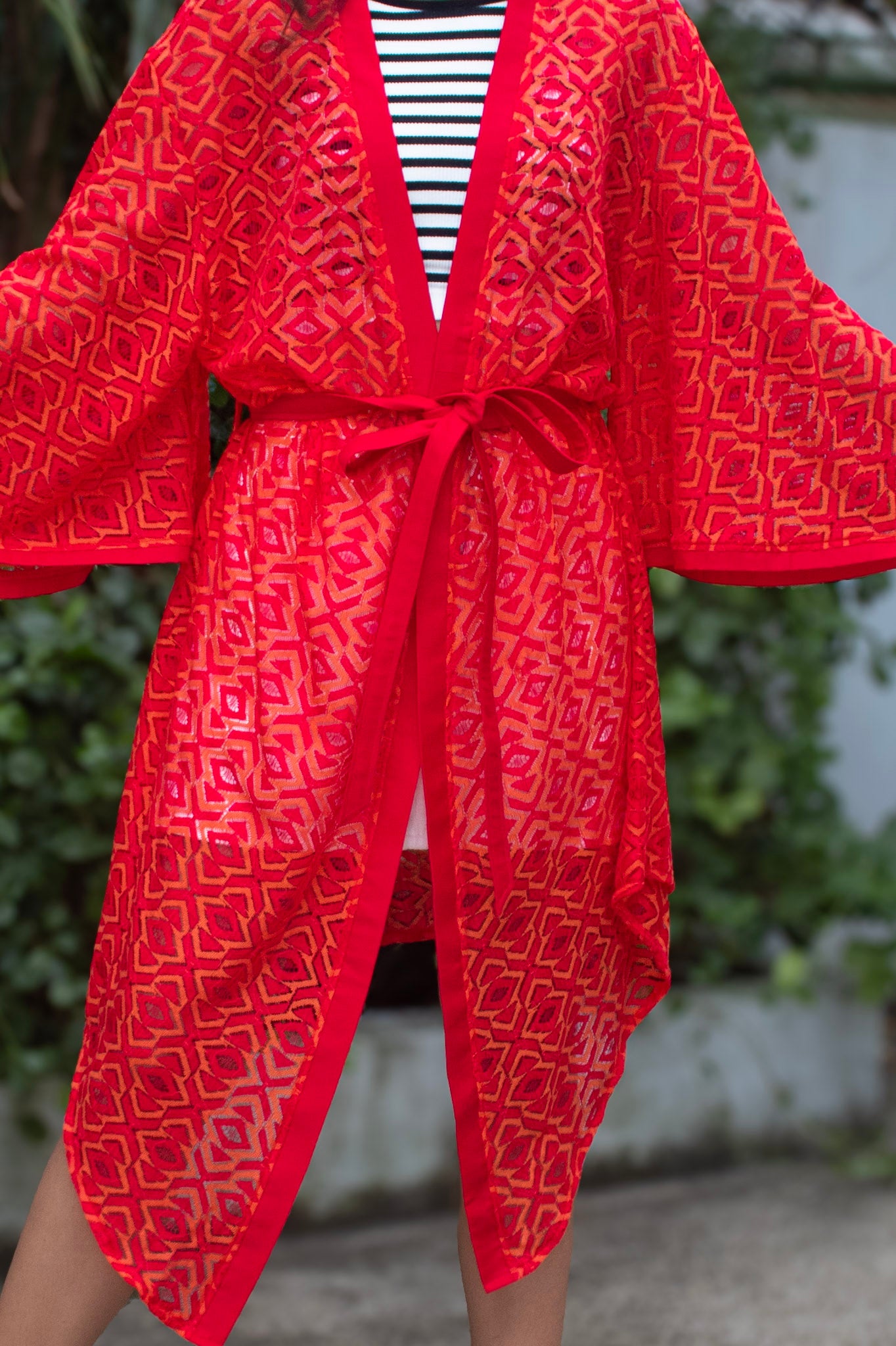 ✦ Ember Dream – Geometric Fierce Red Lace Kimono with Rich Crimson Edge
