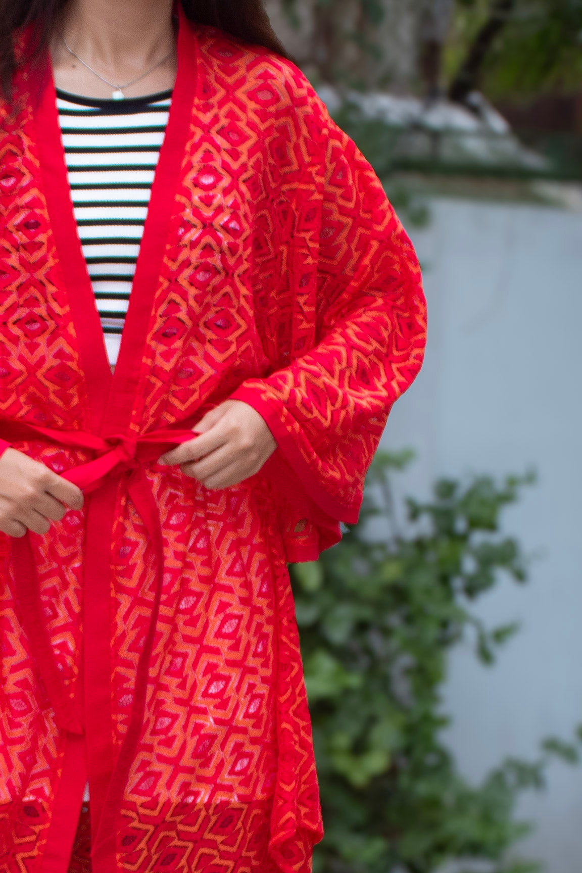 ✦ Ember Dream – Geometric Fierce Red Lace Kimono with Rich Crimson Edge