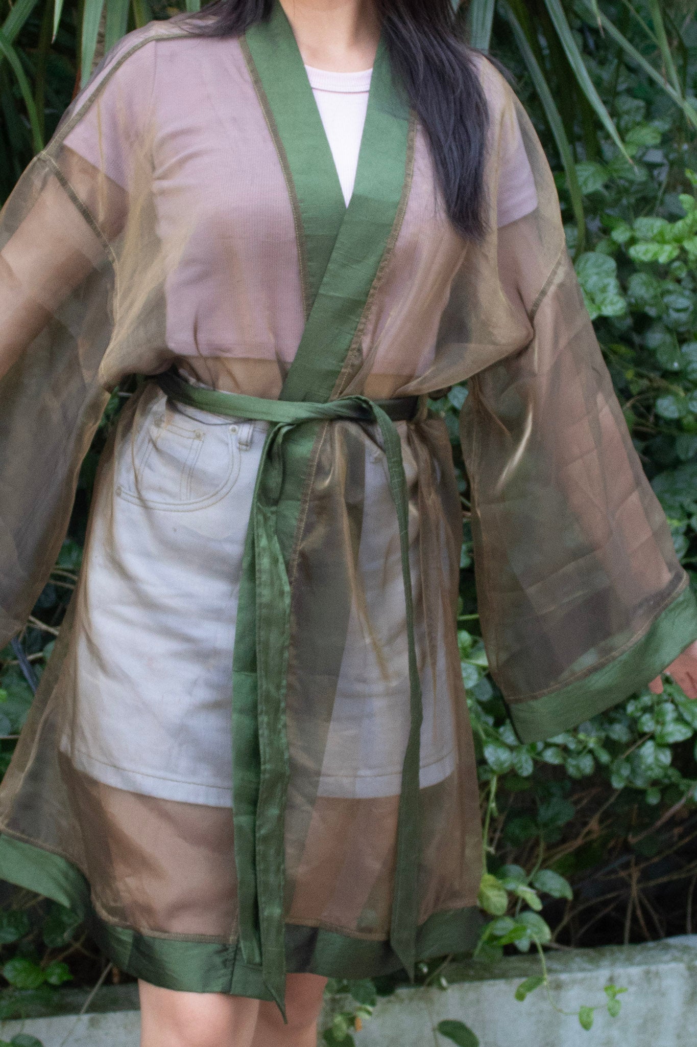 ✦ Forest Veil – Shiny Moss Green Organza Kimono with Teal Green Trim and Airy Garden Texture