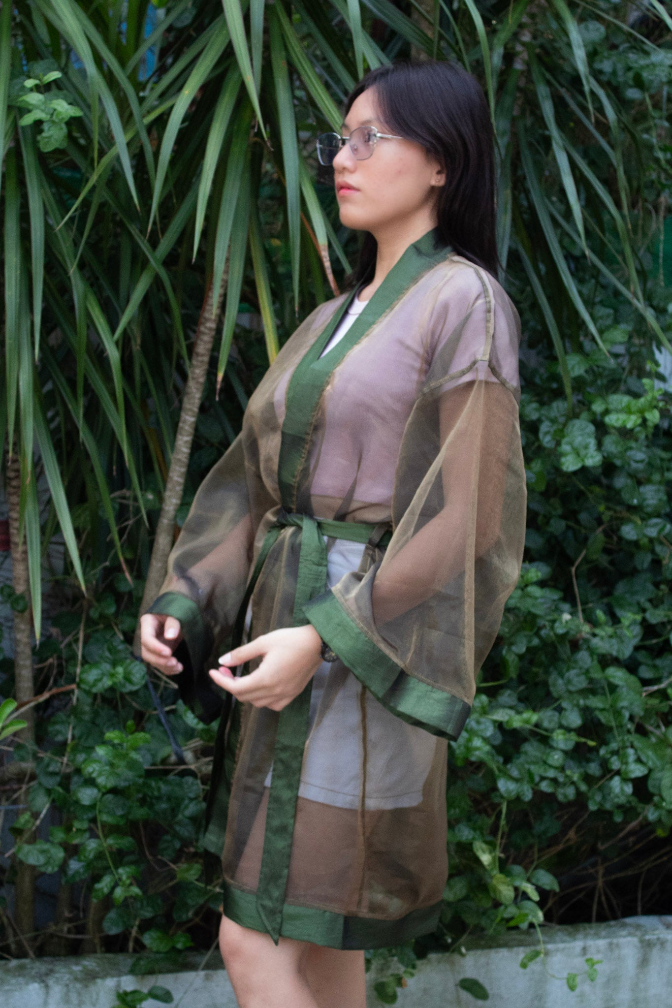 ✦ Forest Veil – Shiny Moss Green Organza Kimono with Teal Green Trim and Airy Garden Texture