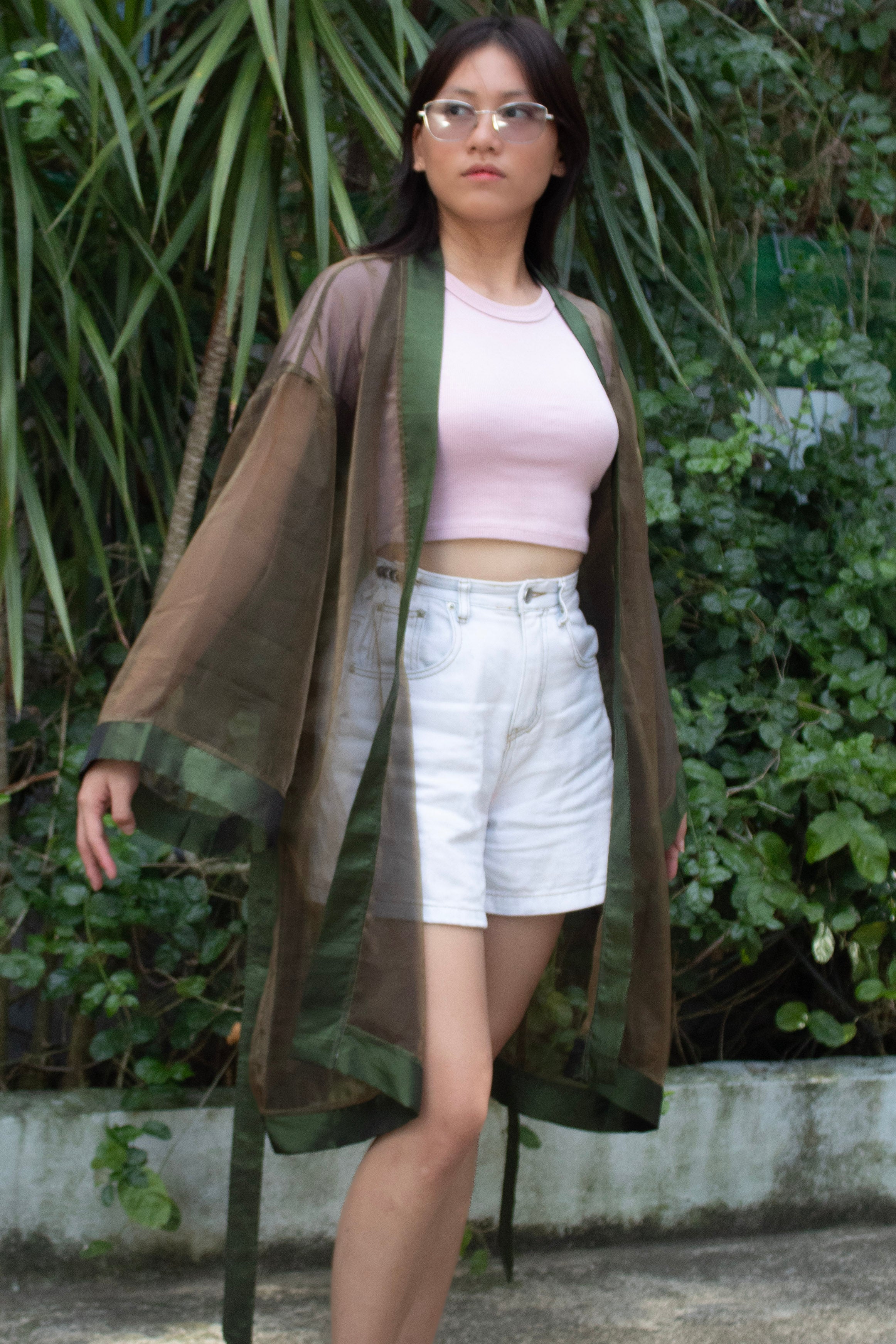 ✦ Forest Veil – Shiny Moss Green Organza Kimono with Teal Green Trim and Airy Garden Texture