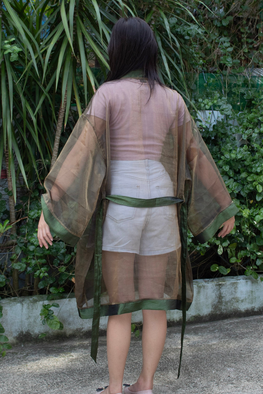 ✦ Forest Veil – Shiny Moss Green Organza Kimono with Teal Green Trim and Airy Garden Texture