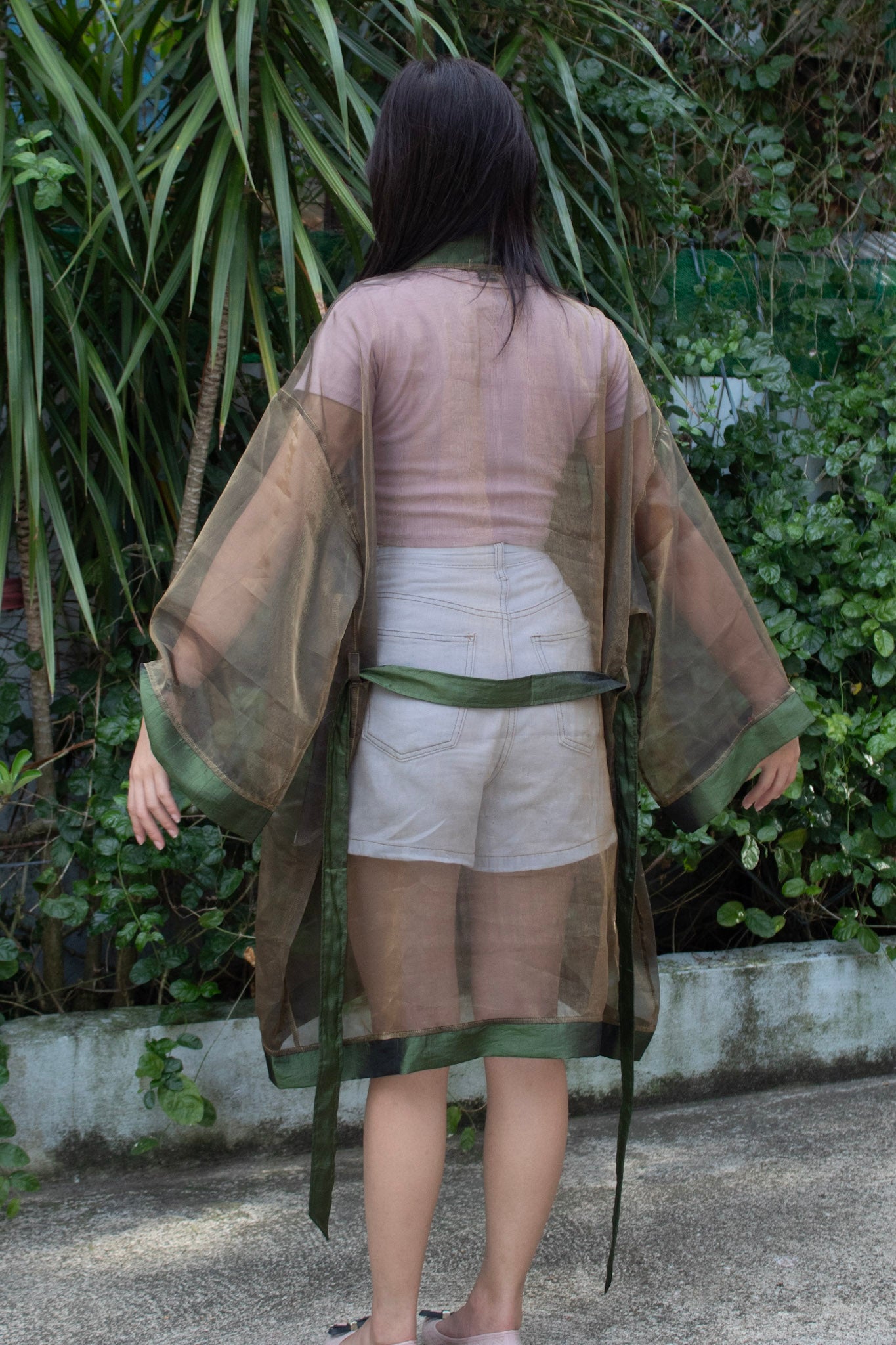 ✦ Forest Veil – Shiny Moss Green Organza Kimono with Teal Green Trim and Airy Garden Texture